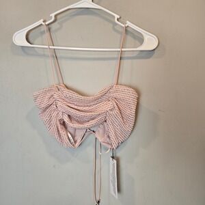 For Love & Lemons Blush Pink Ruched Crop Top with Black Dot Print